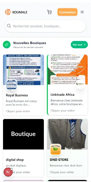 Interface mobile KOUMALE — marketplace multi-vendeurs