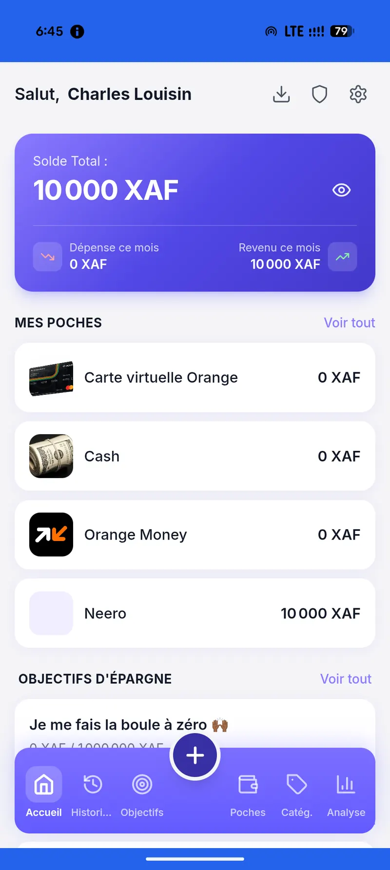 Mes Poches — écran solde et aperçu financier